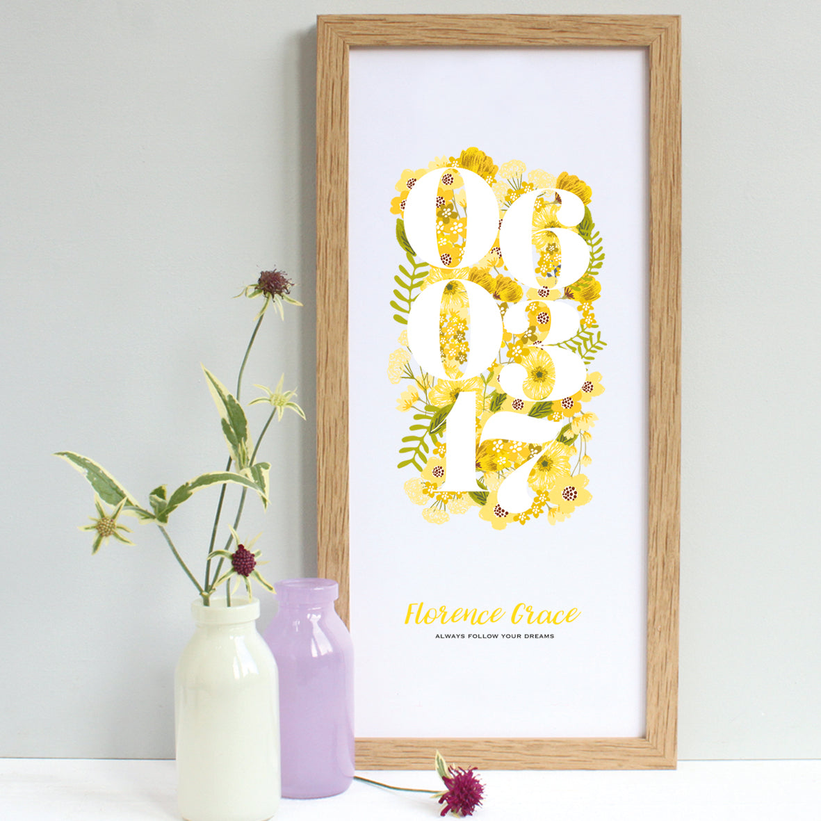 personalised new baby floral print, yellow