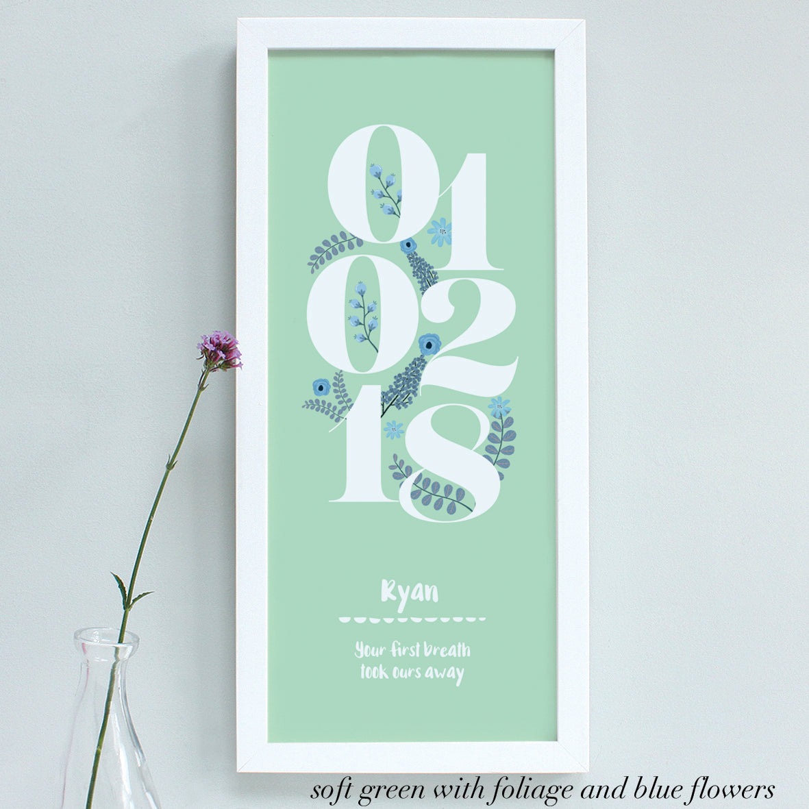 personalised new baby floral dates print, soft green