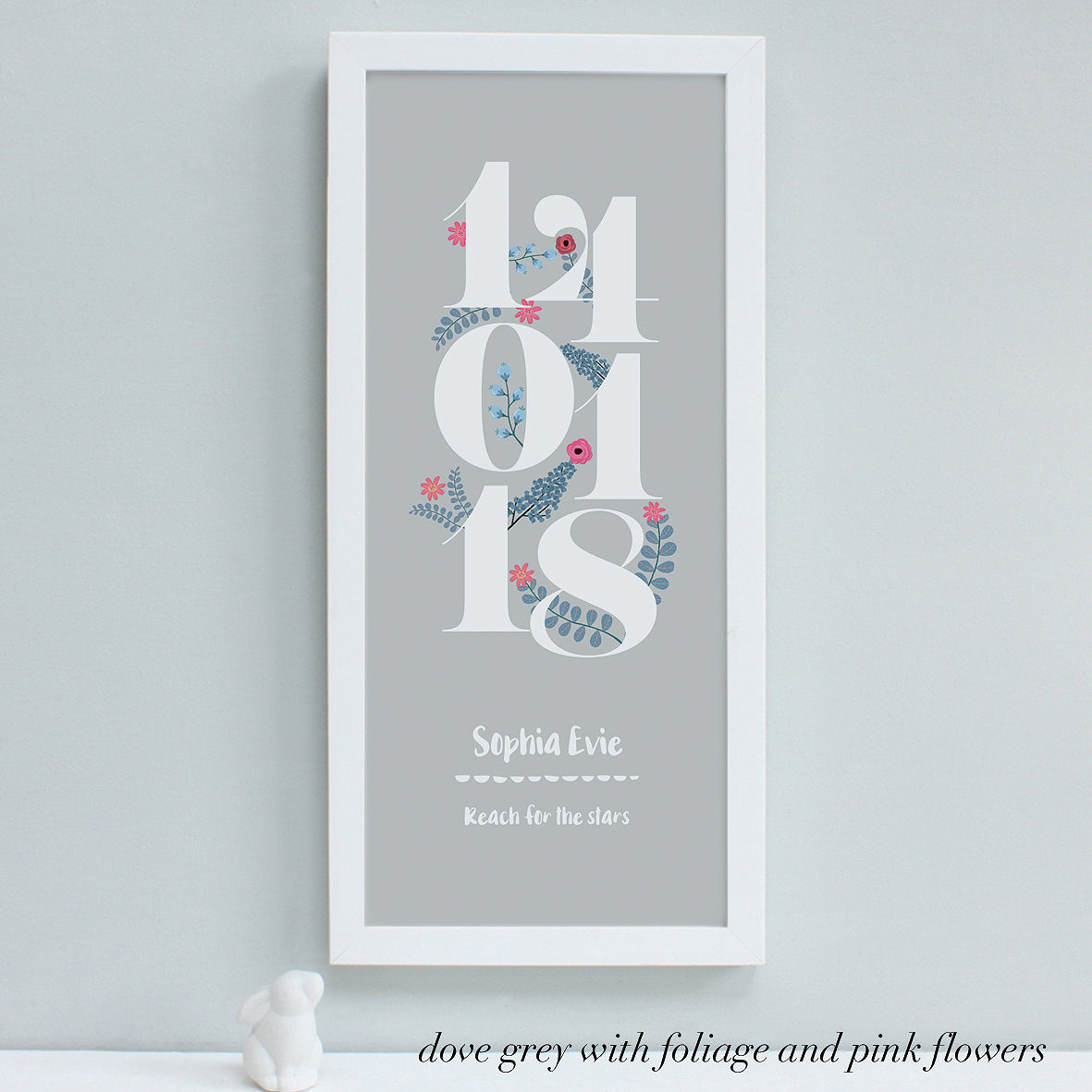 personalised new baby floral dates print, dove grey