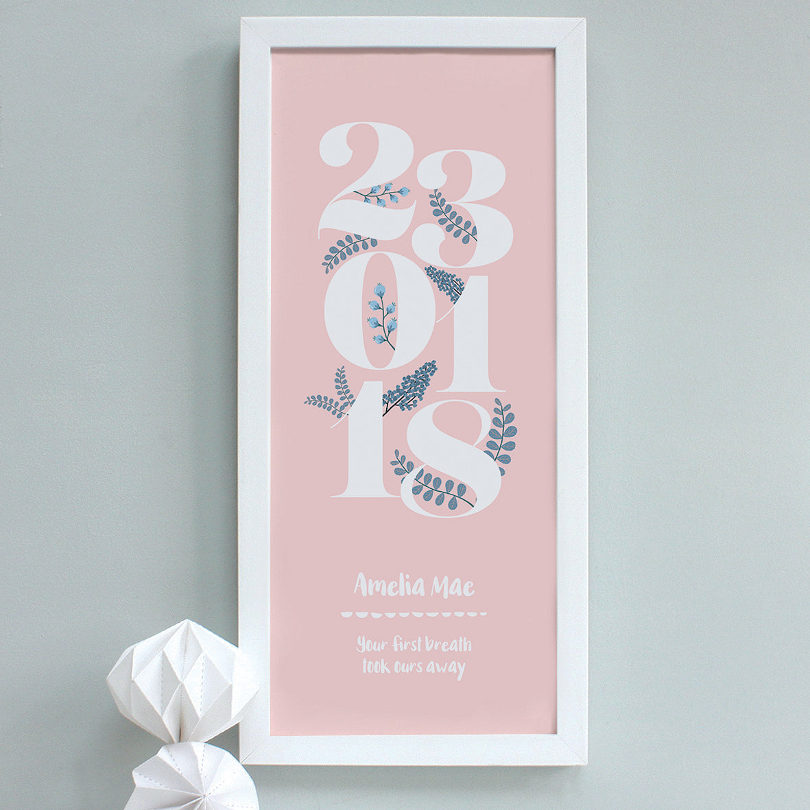 personalised new baby floral dates print, blush