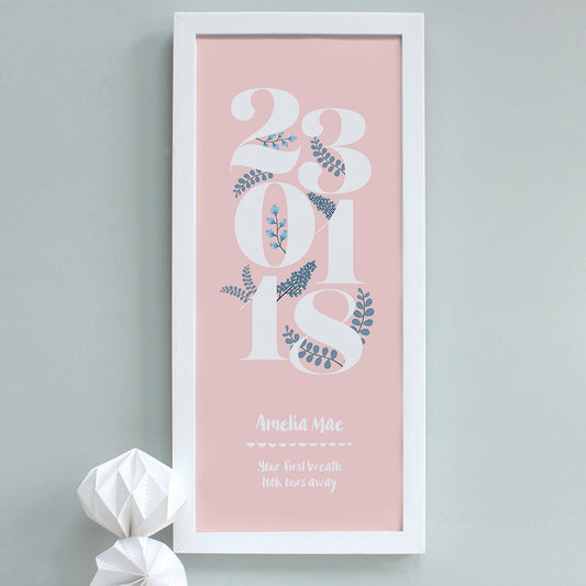 personalised new baby floral dates print, blush