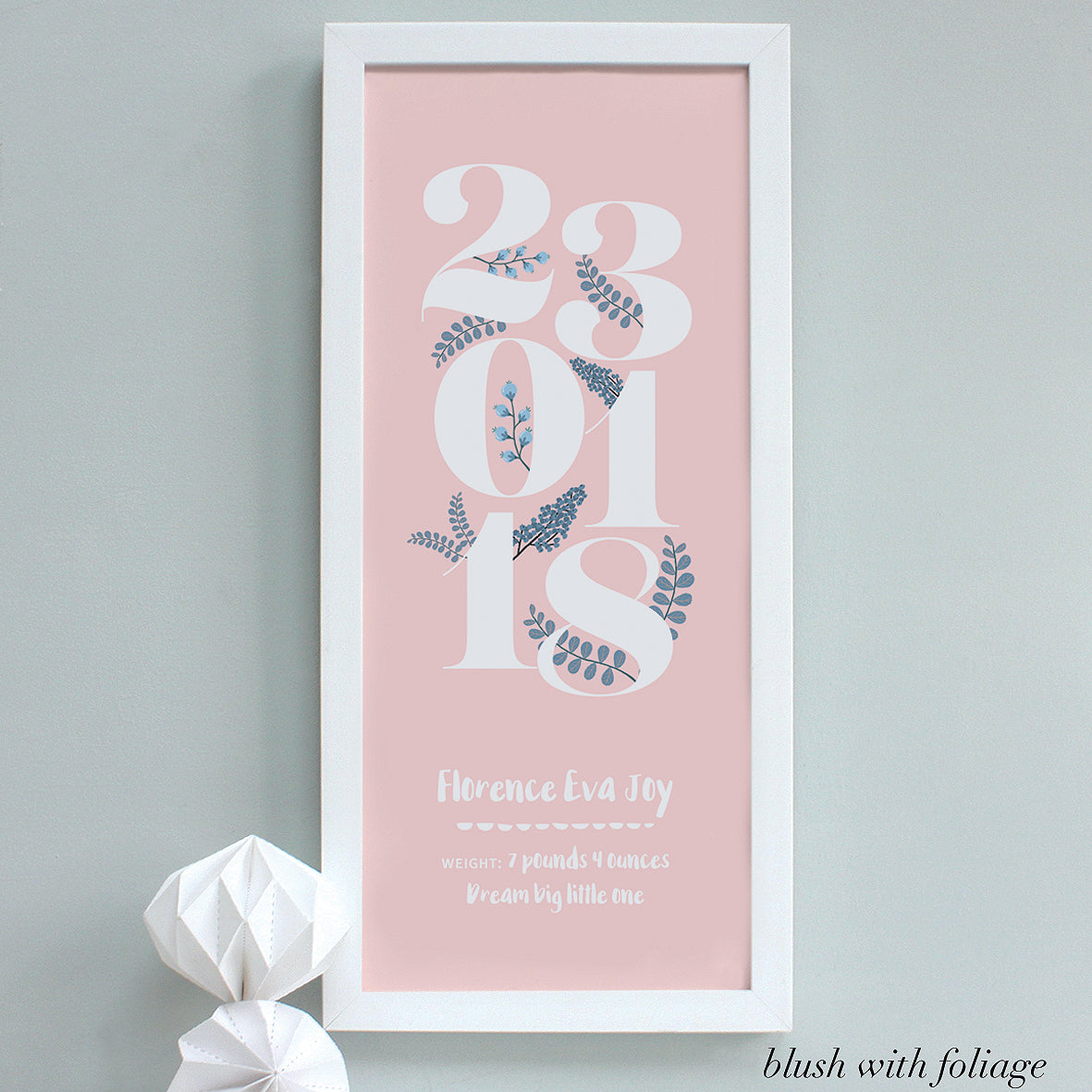 personalised new baby floral dates print, blush