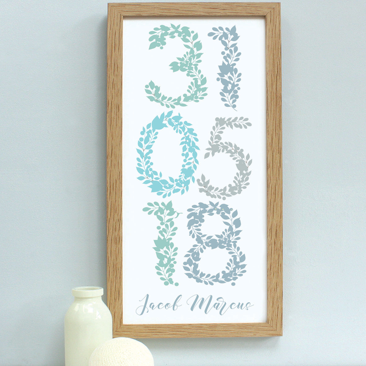 personalised new baby foliage dates print, soft blues