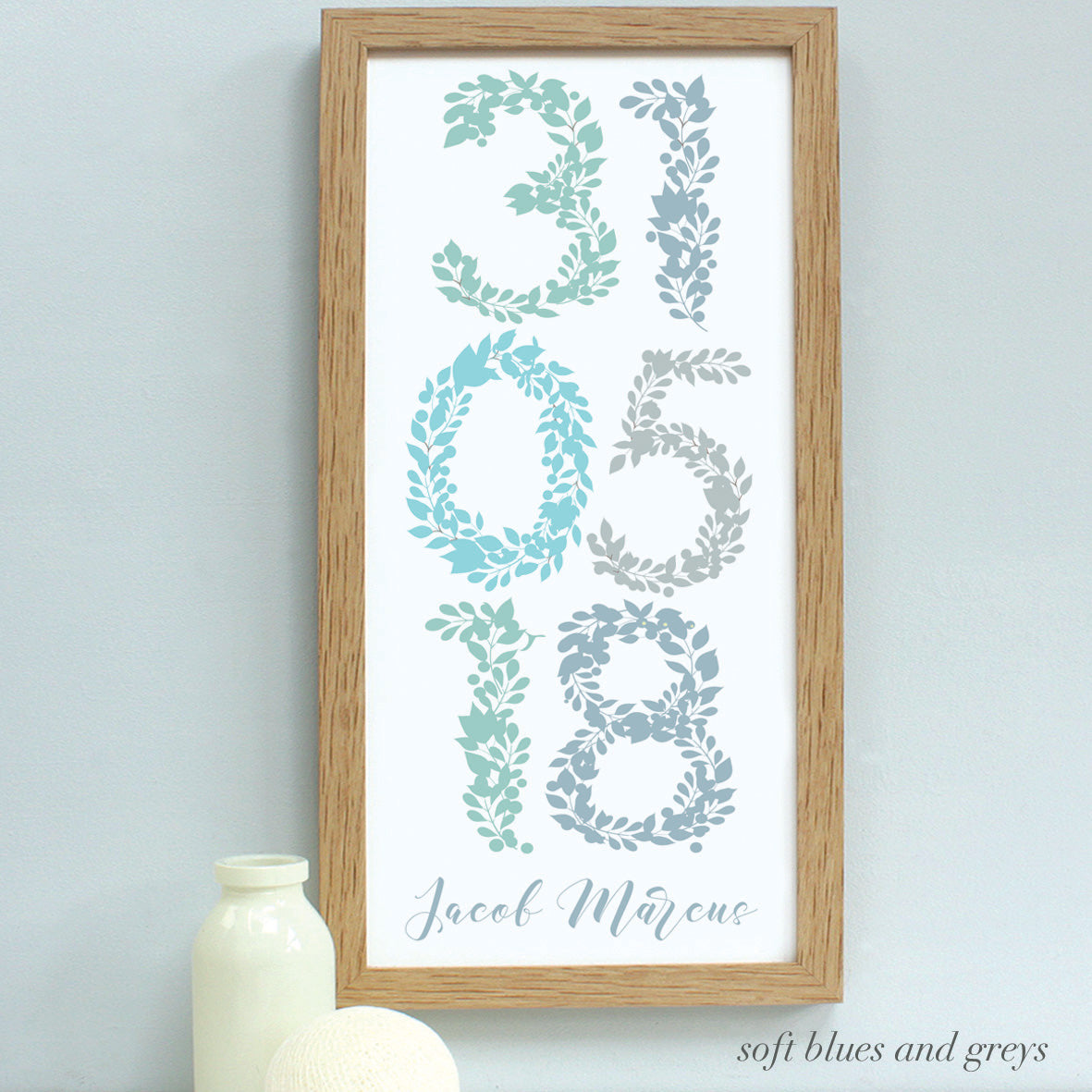 personalised new baby floral dates print, soft blues
