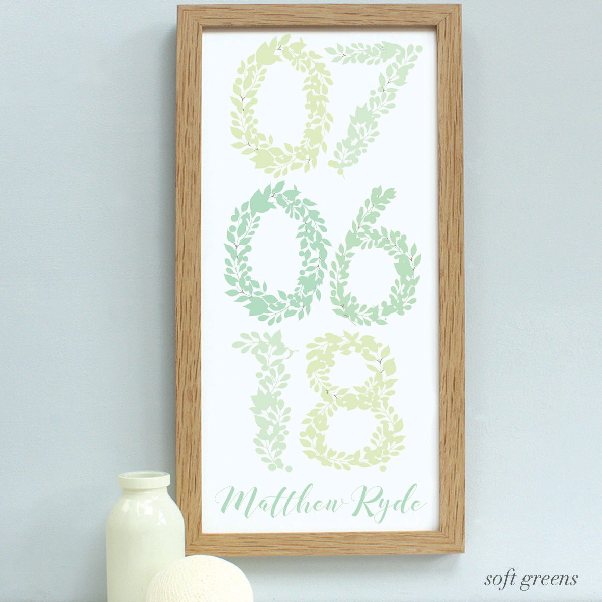 personalised new baby floral dates print, soft green