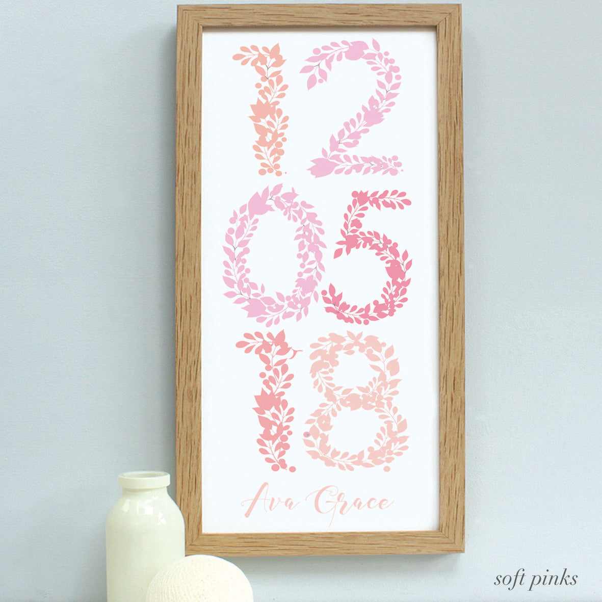 personalised new baby floral dates print, soft pinks