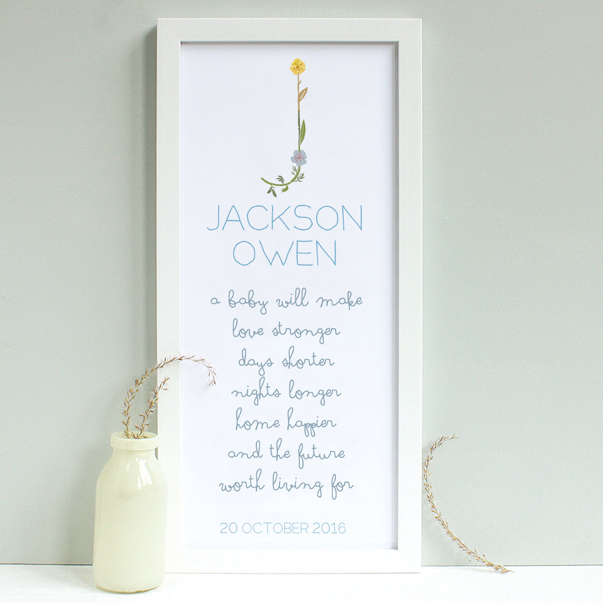 personalised friend little birds quote print, stone blue