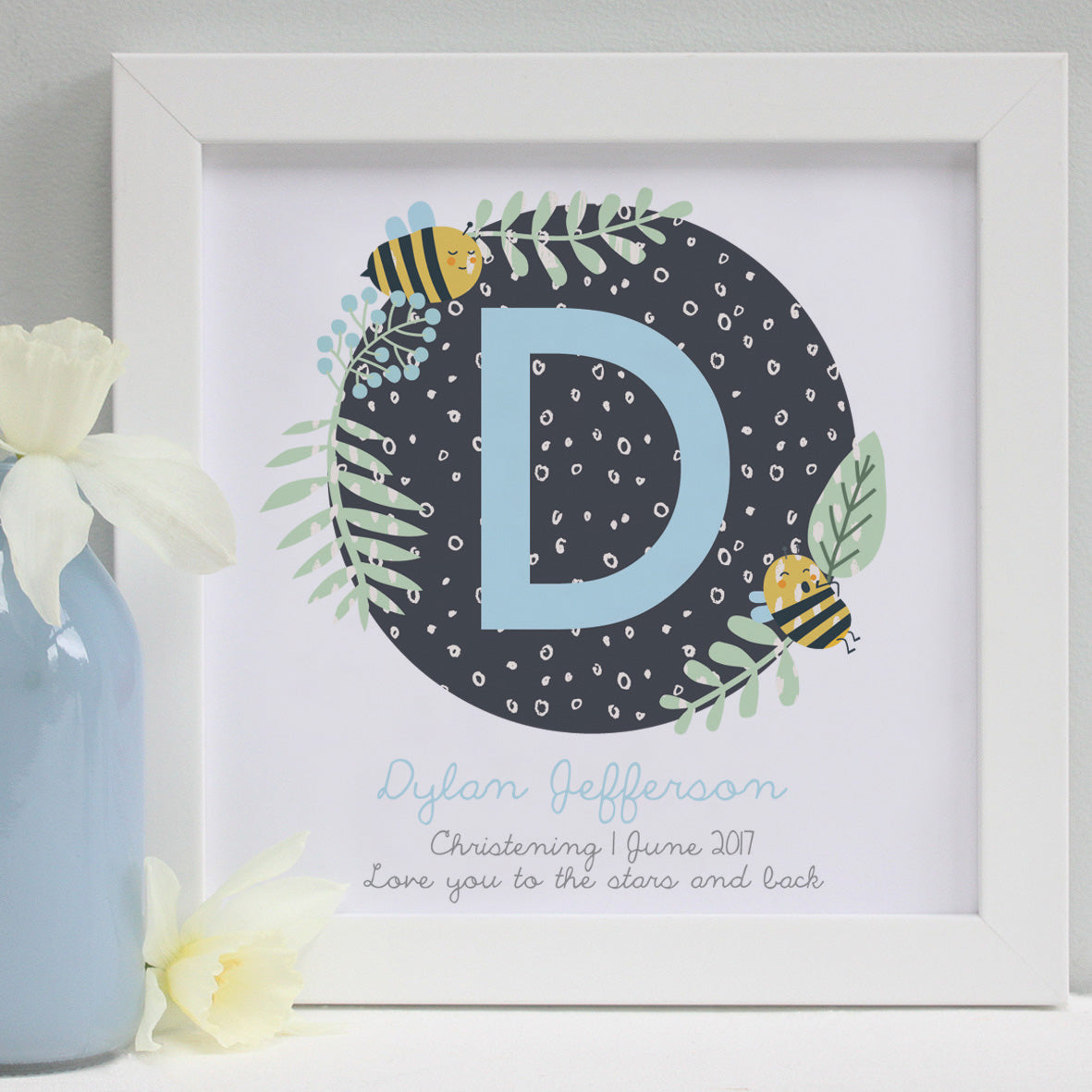 personalised baby blue christening patterns print, white frame