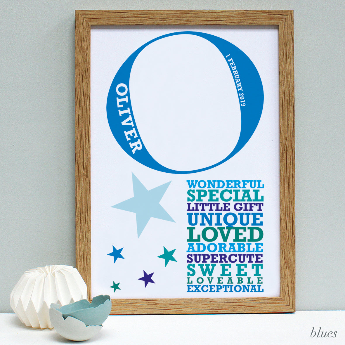 personalised new baby oak framed print