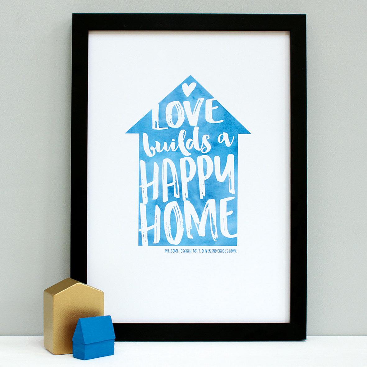 personalised new home quote print, black frame