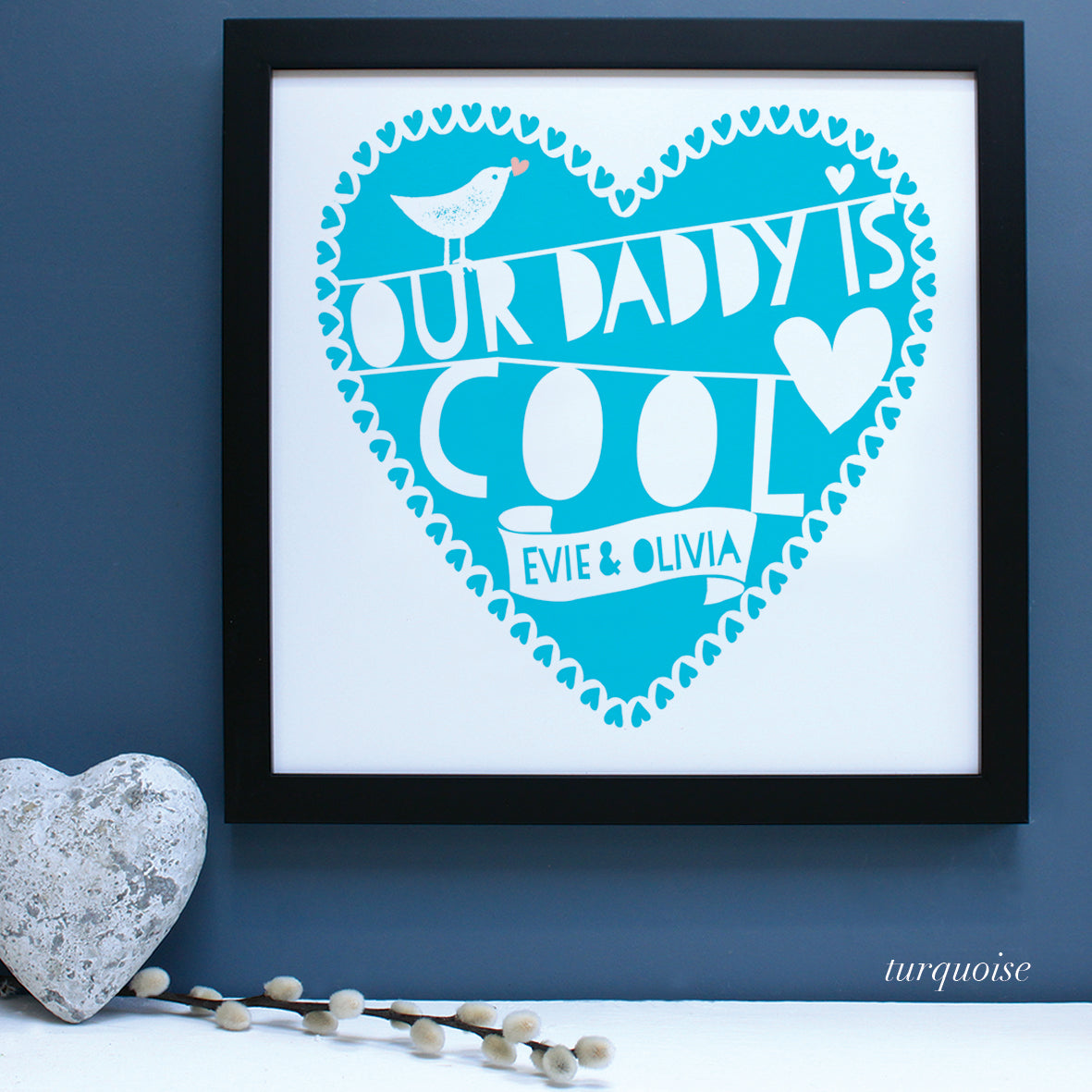 personalised fathers day heart print, turquoise