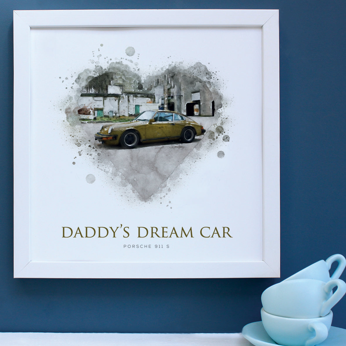 illustration of a mustard Porsche in a heart in a white wooden frame