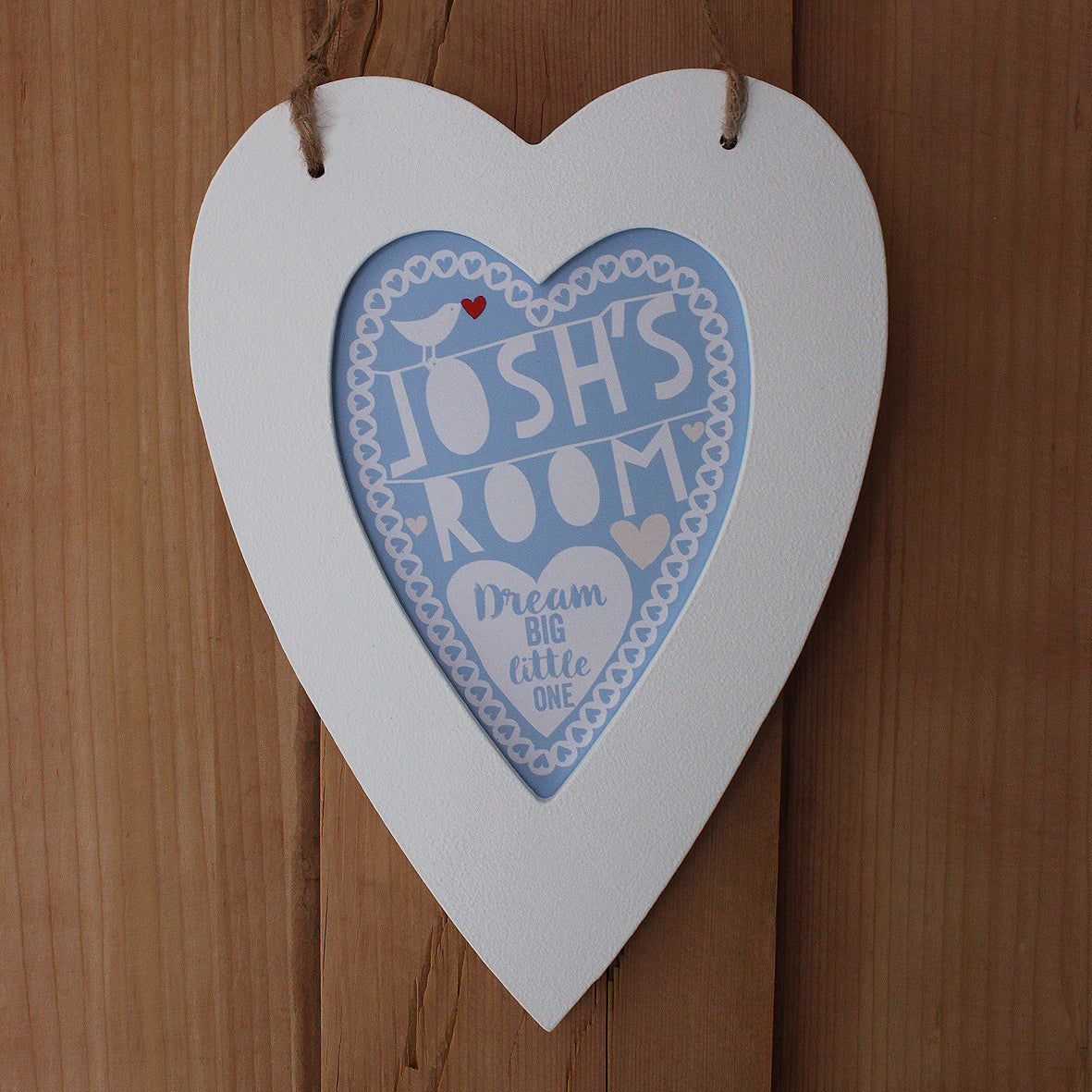 personalised powder blue child's room print, white heart frame