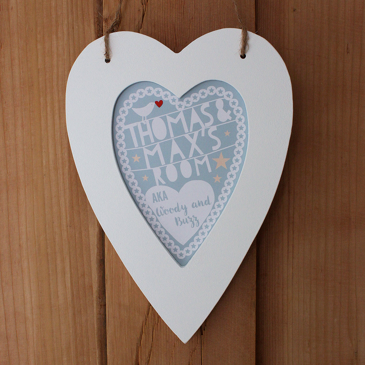 personalised dove child's room print, white heart frame