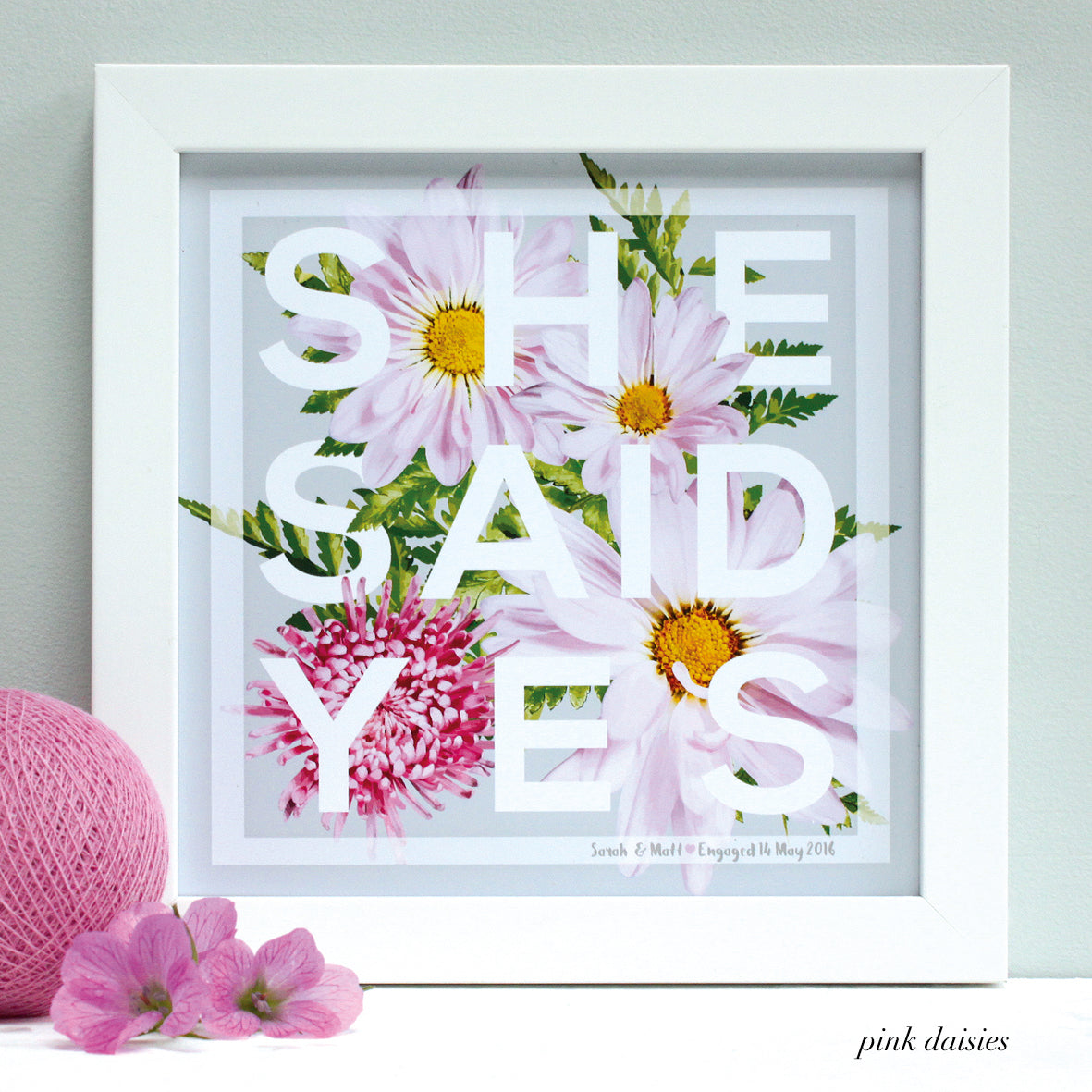 personalised pink daisy engagement print, white frame