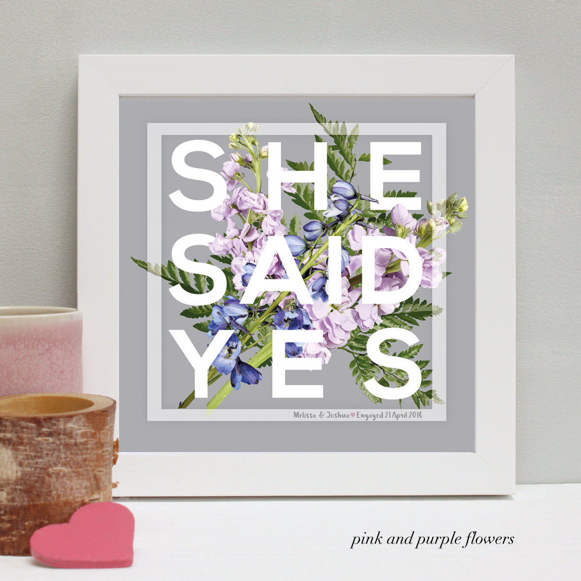 personalised pink and purple flowers engagement print, white frame