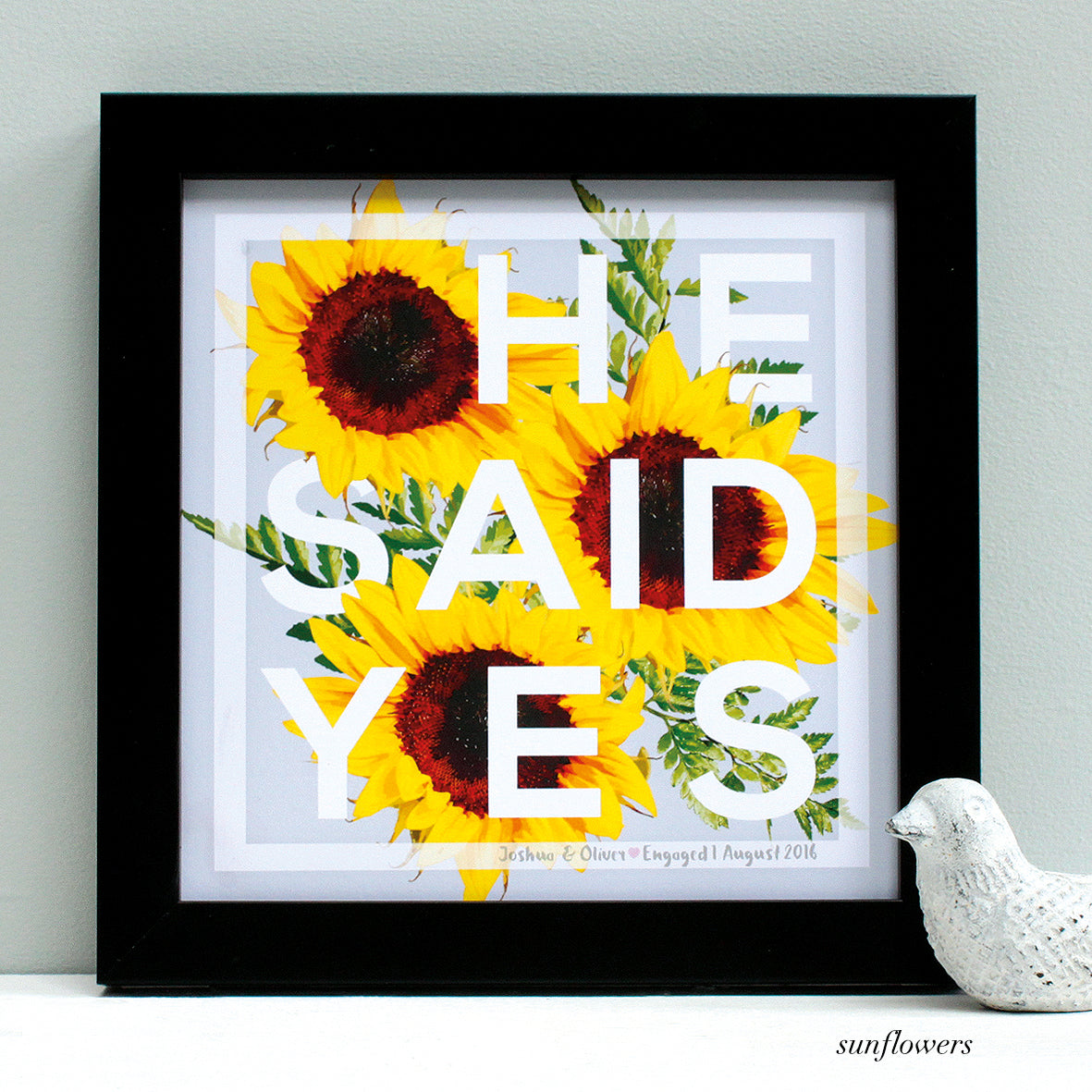 personalised sunflowers engagement print, black frame