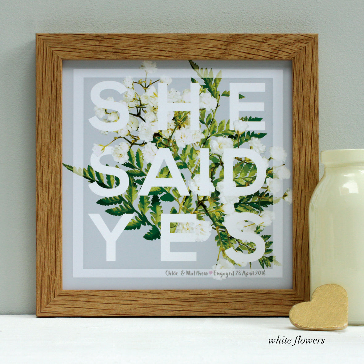 personalised white flowers engagement print, oak frame