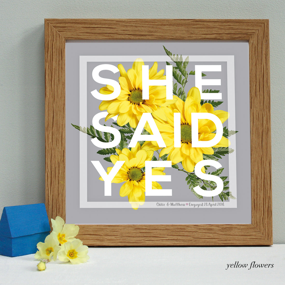 personalised yellow flowers engagement print, oak frame