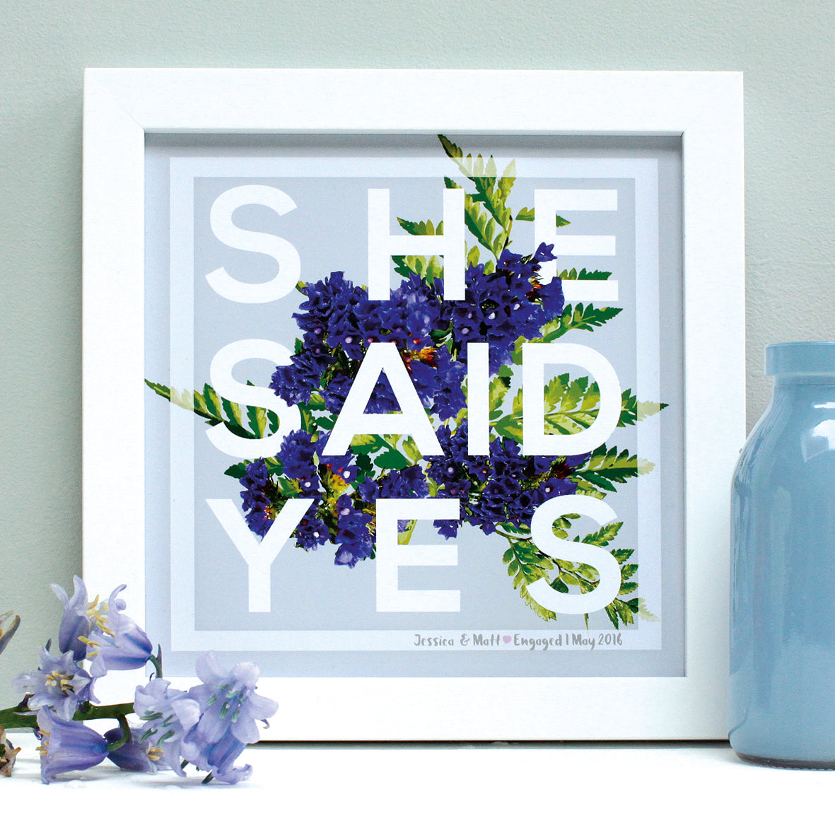 personalised purple flowers engagement print, white frame