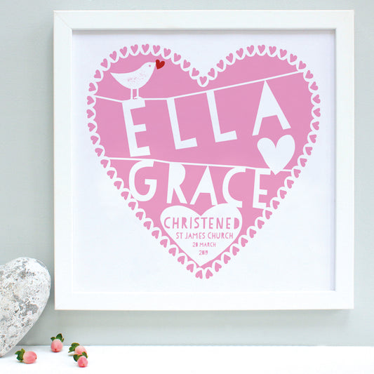 personalised raspberry christening heart print, white frame
