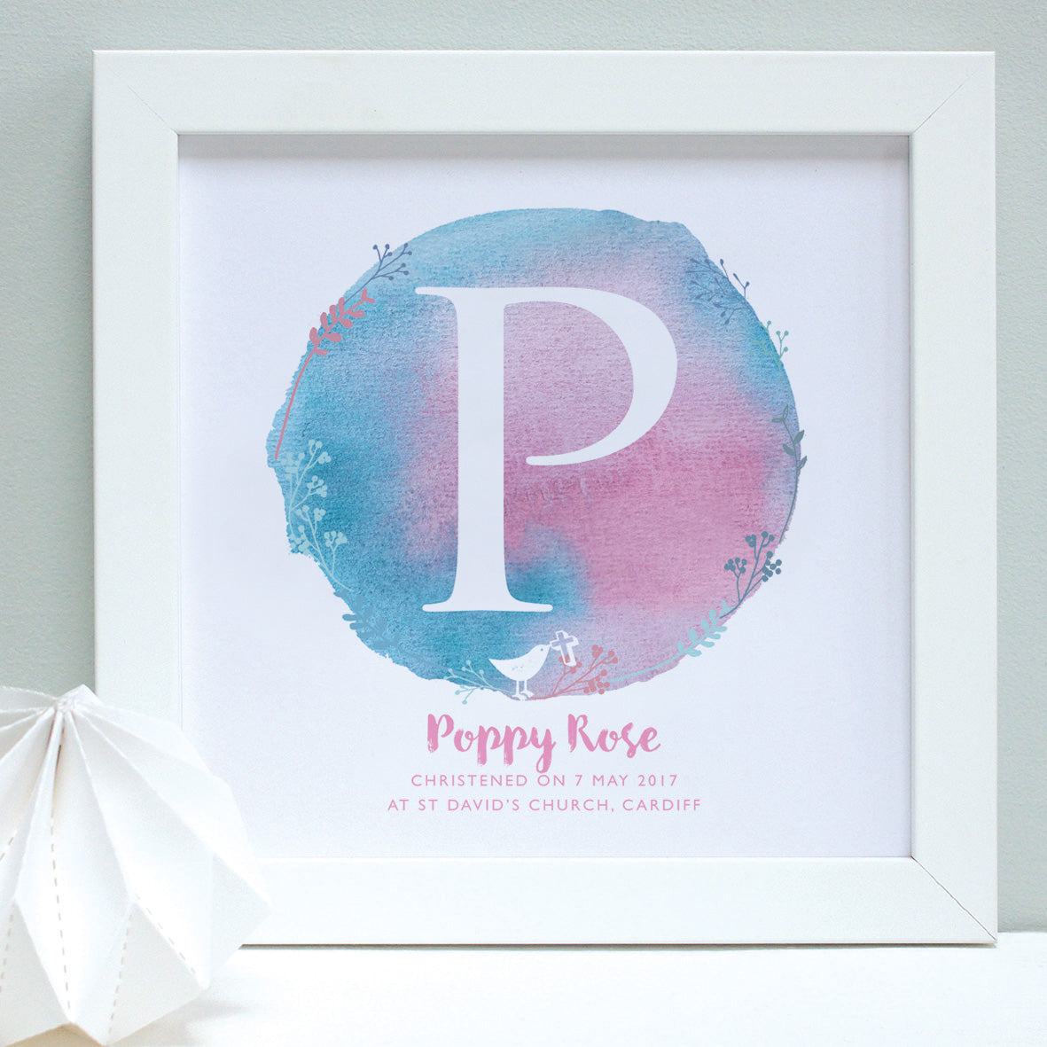 personalised pink and light blue christening print, white frame