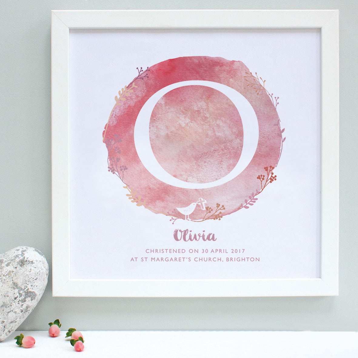 personalised blush pink christening print, white frame