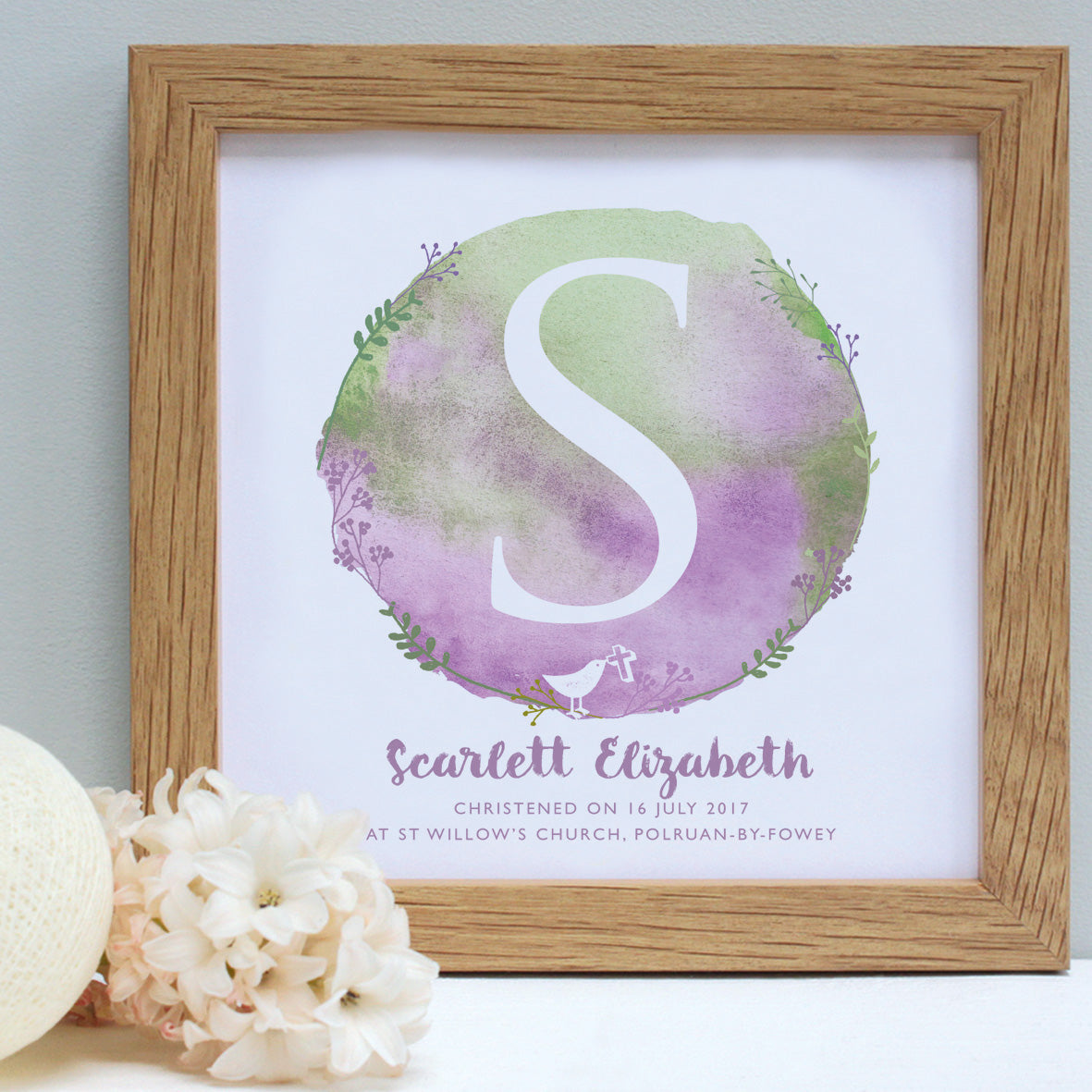 personalised lilac and lime christening print, white frame