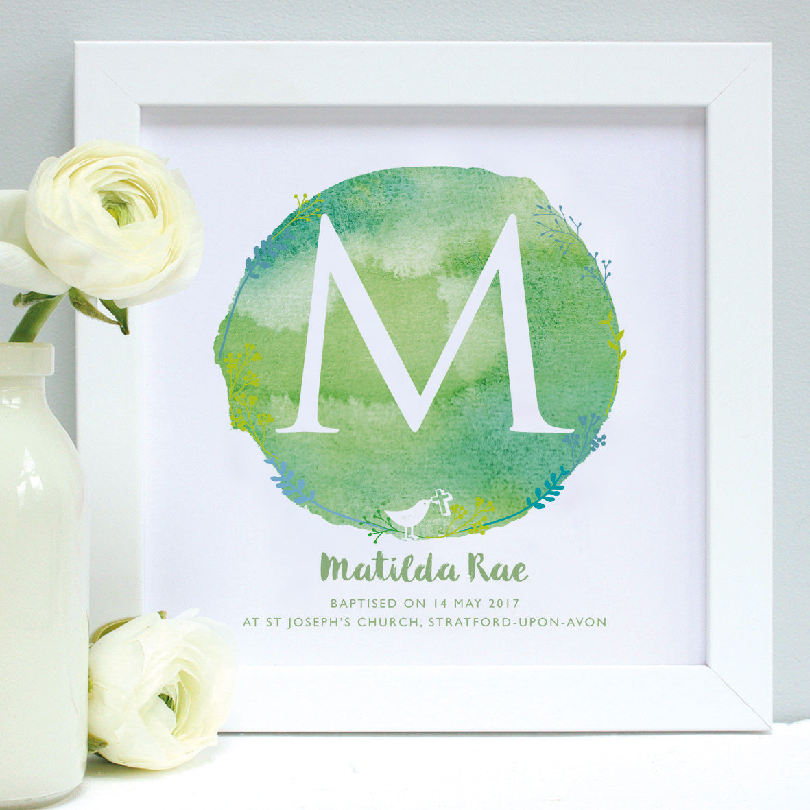 personalised green christening print, white frame