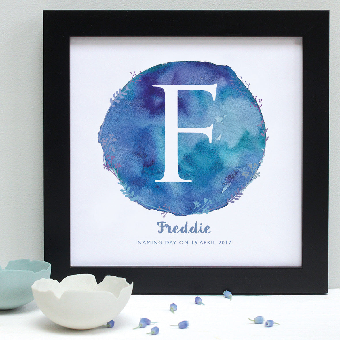 personalised ink christening print, black frame