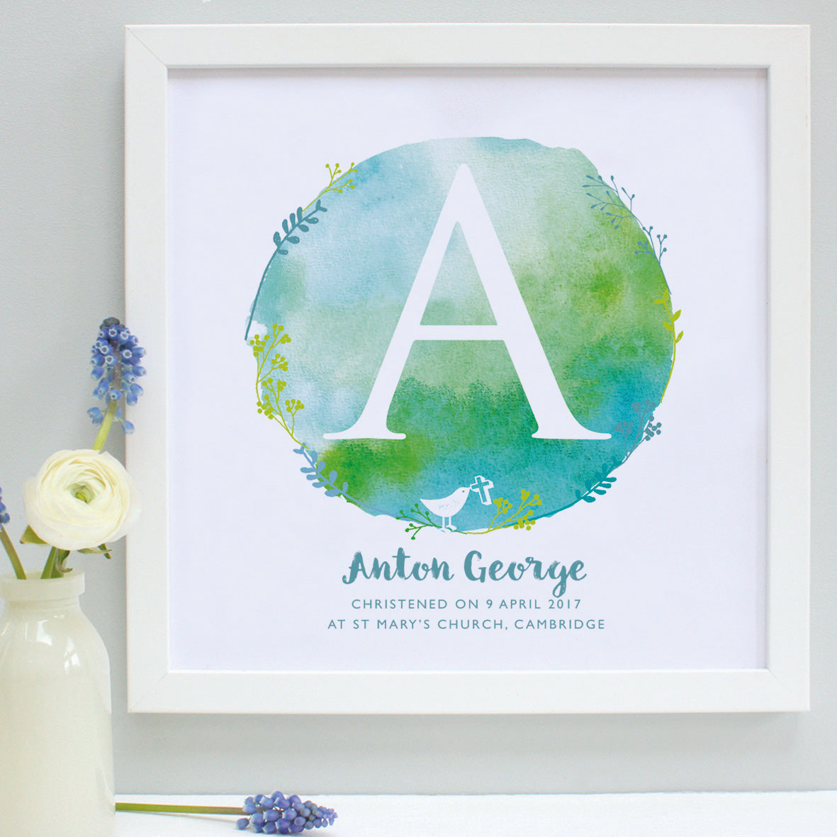 personalised green and aqua christening print, white frame