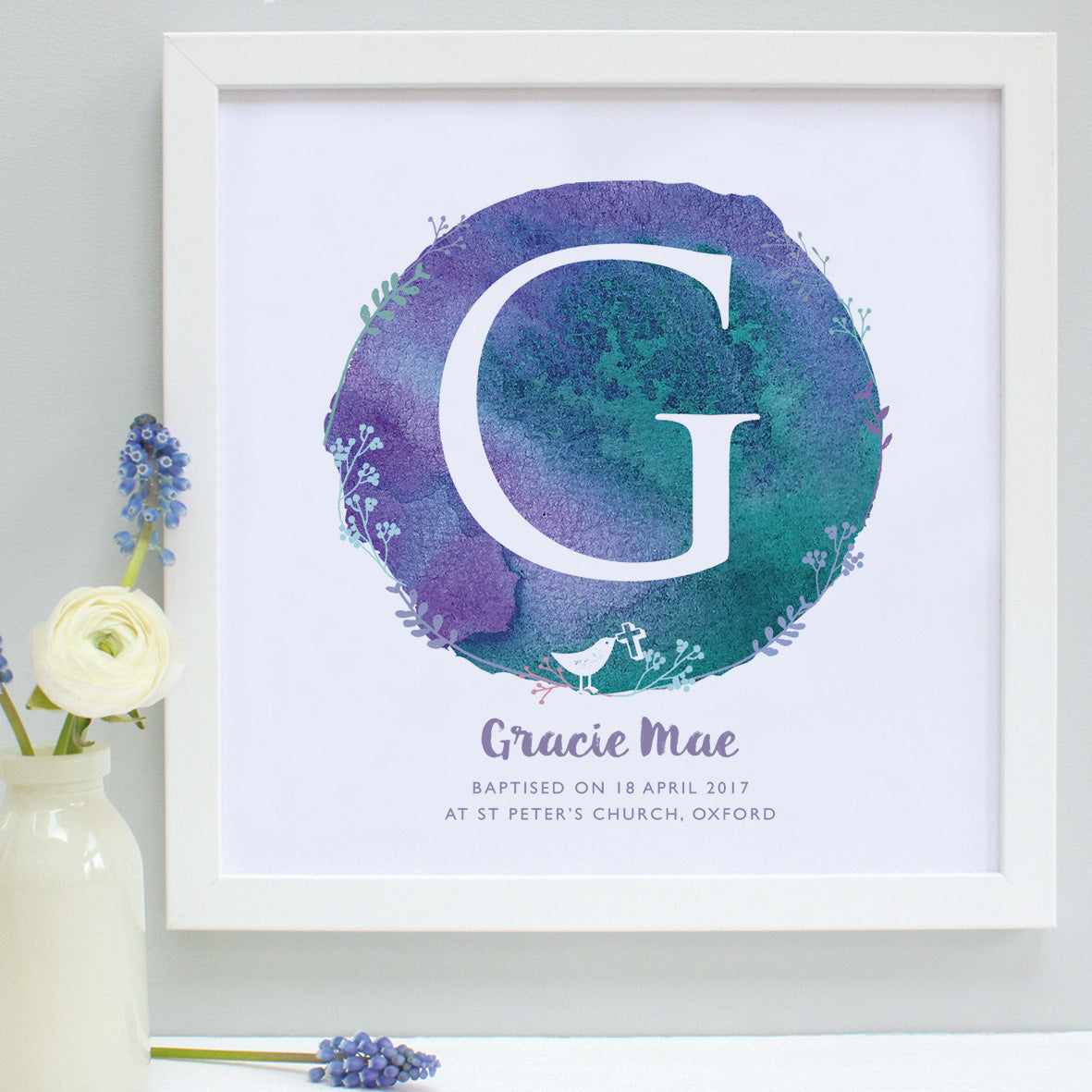 personalised blueberry and aqua christening print, white frame