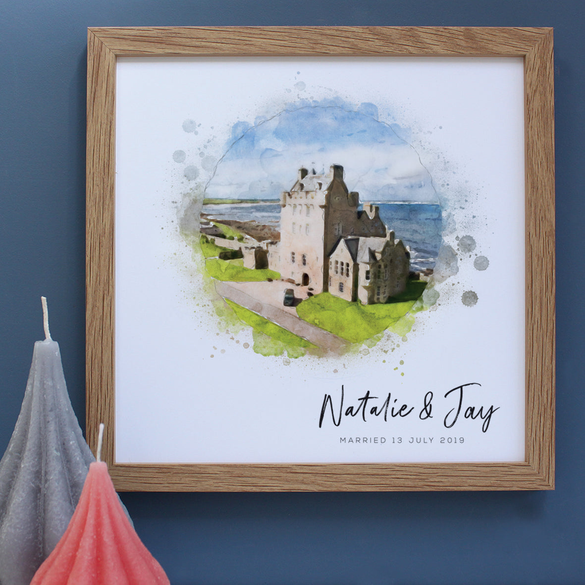 wedding illustration of a castle near the coast framed in a square oak frame