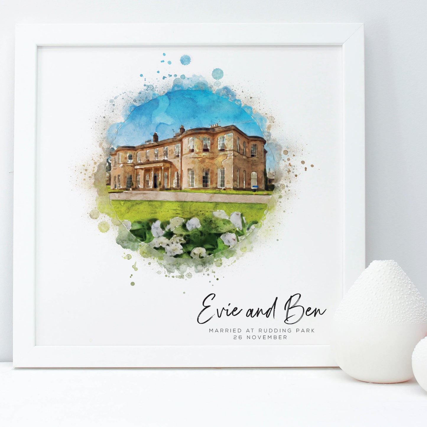 watercolour wedding venue at Rudding Park, white framed 