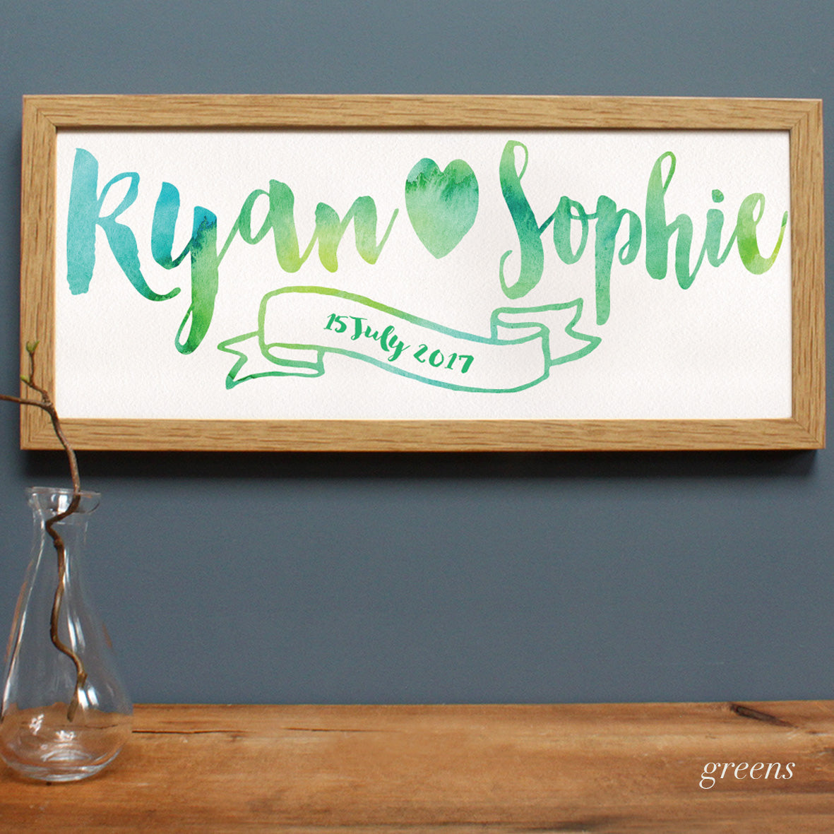 greens watercolour style lettering for a wedding gift in an oak frame