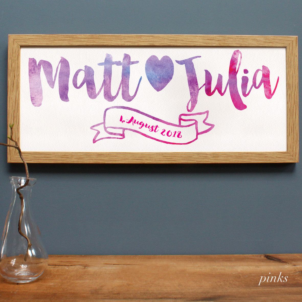 pinks lettering in an oak frame for a unique wedding gift