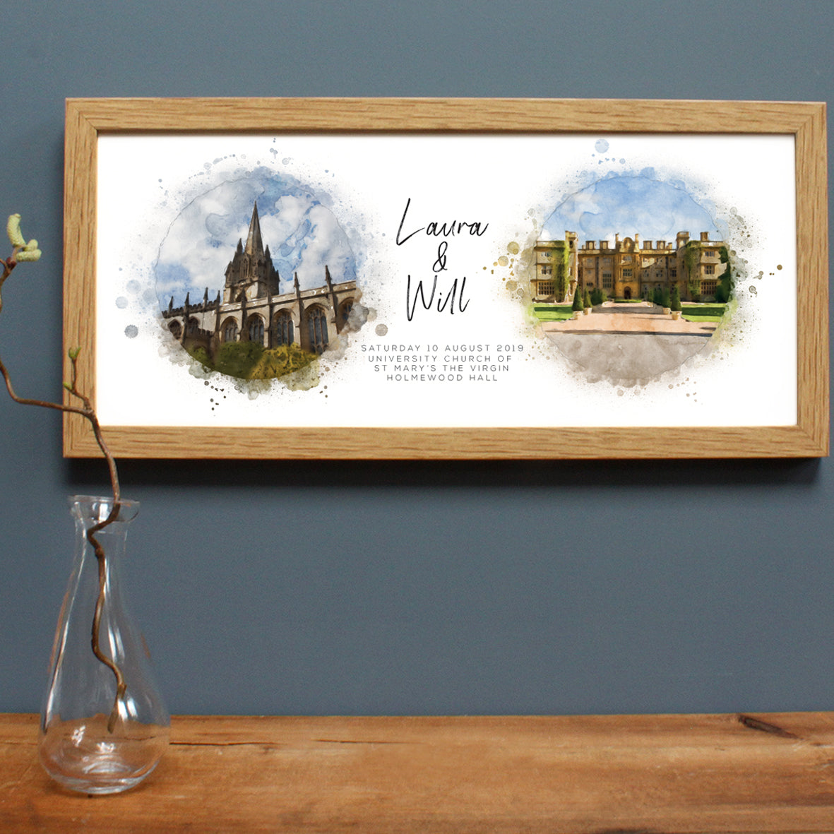 illustration of University Church of Oxford and Holmewood Hall for Wedding Gift in a long wooden oak frame