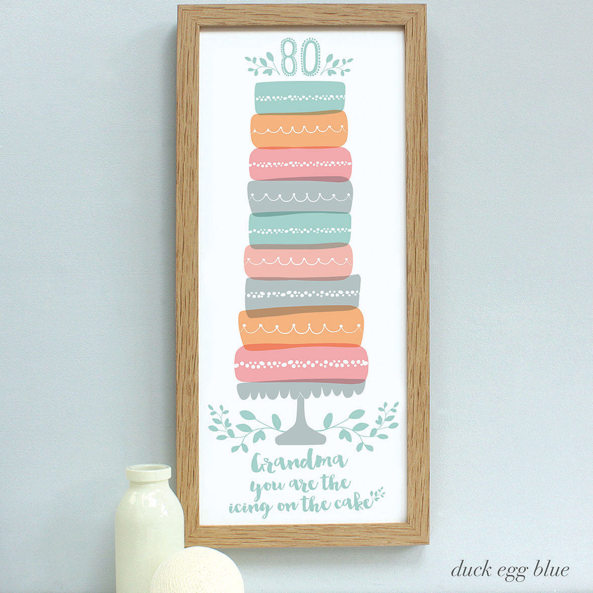 personalised duck egg 80th birthday cake print, oakframe