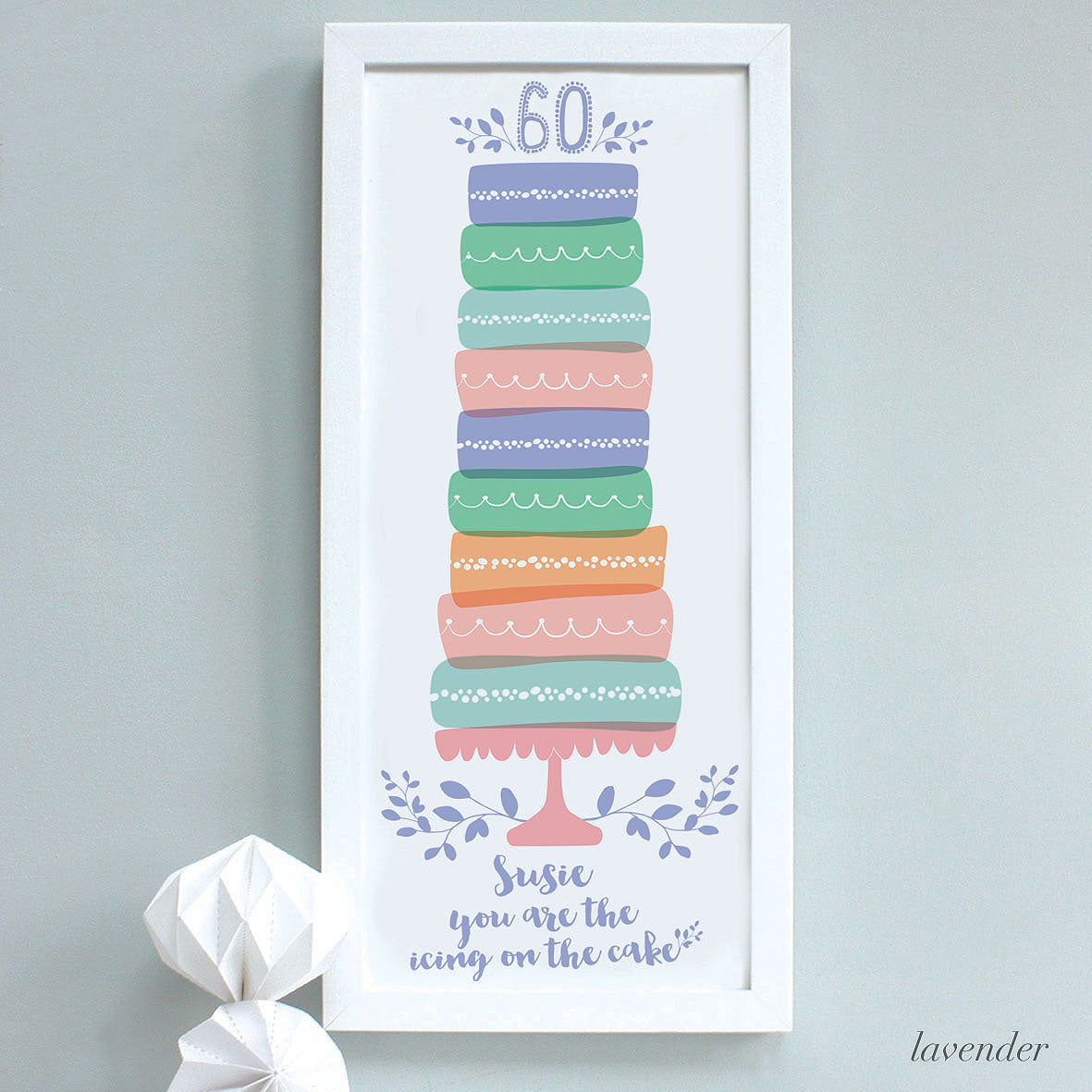 personalised lavender 60th birthday cake print, white frame