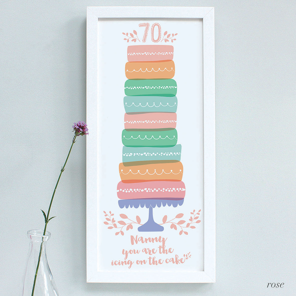 personalised rose 70th birthday cake print, white frame