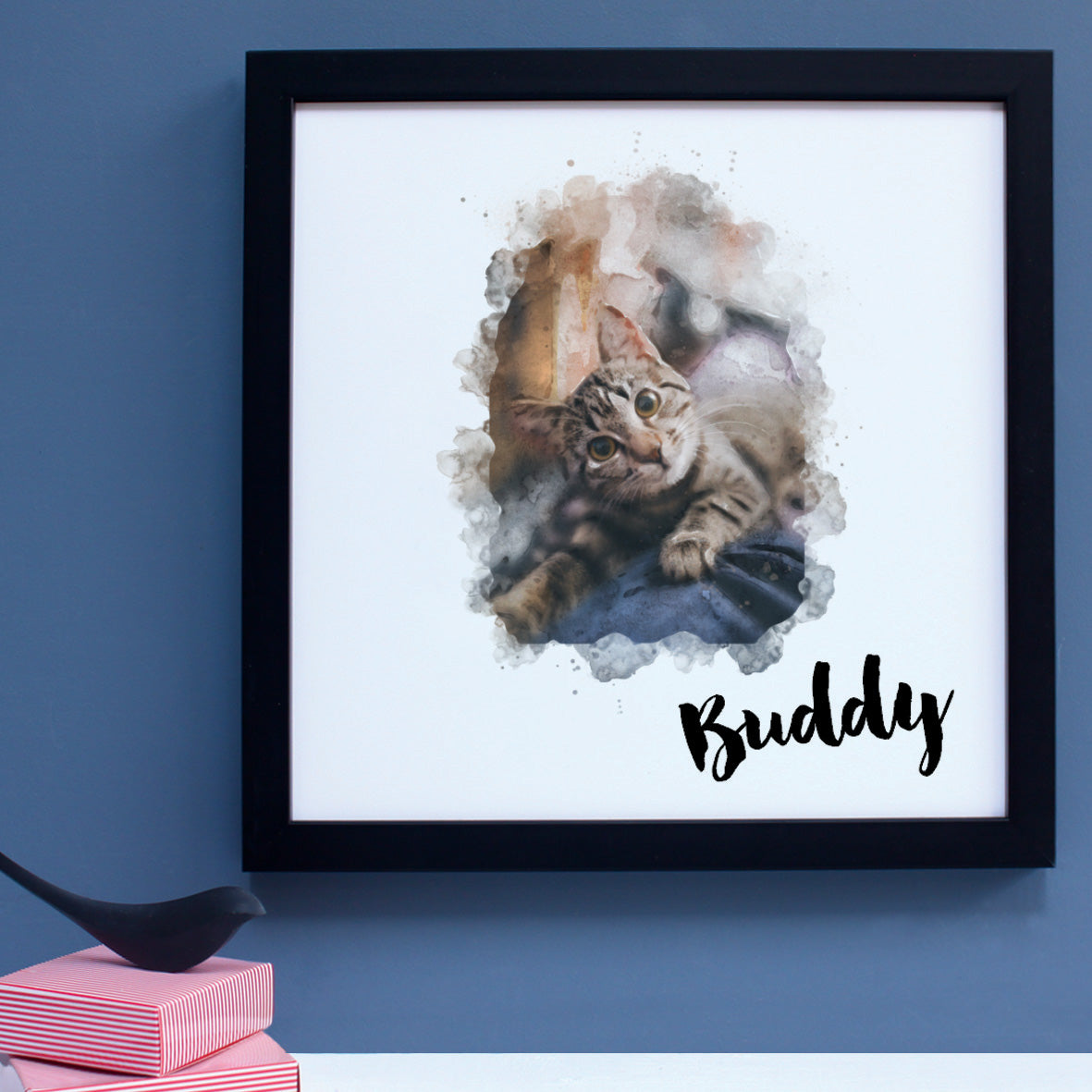 illustration of a tabby cat, watercolour drawing in a black frame