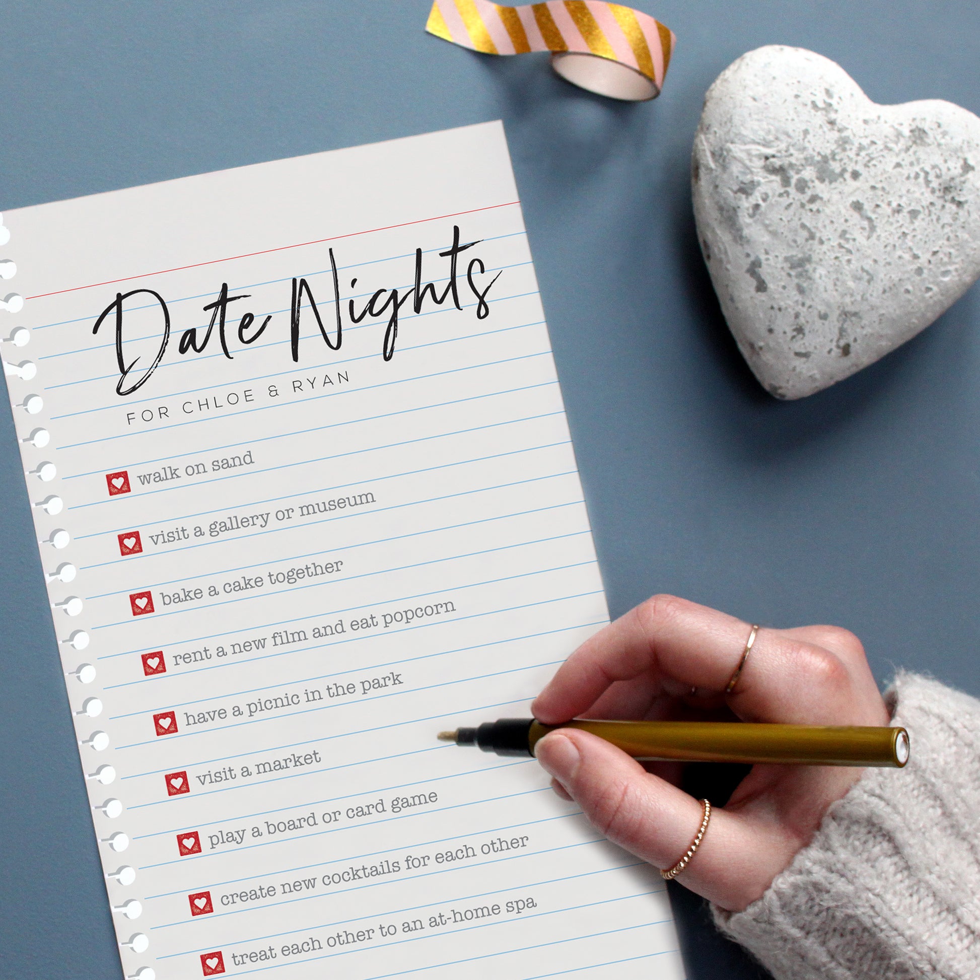 date night print with hearts gift, hand writing