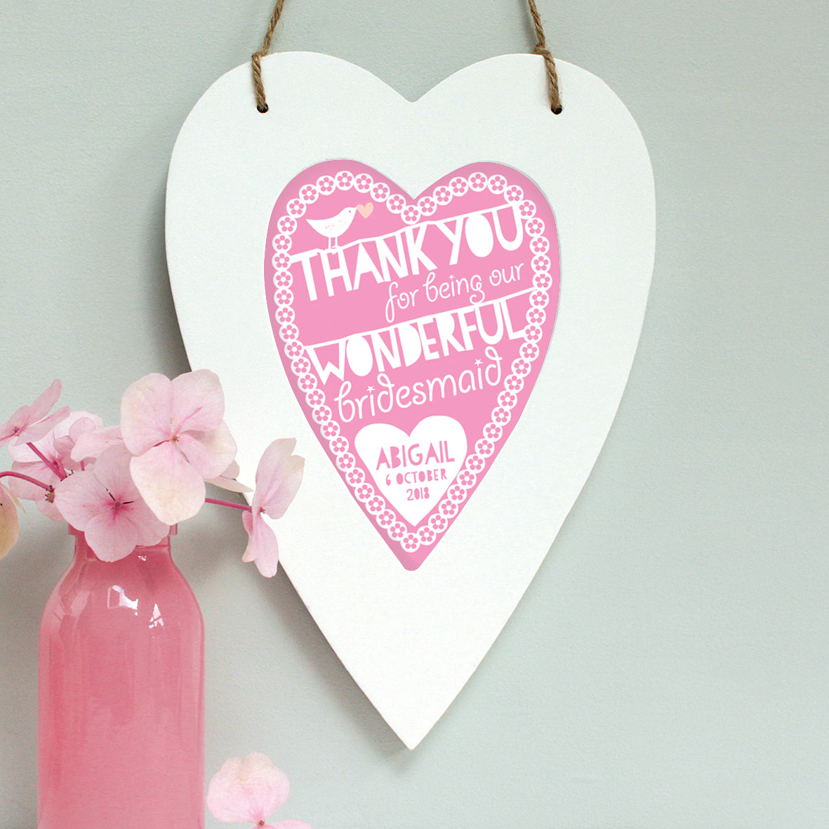 personalised bridesmaid print in pink, white heart frame