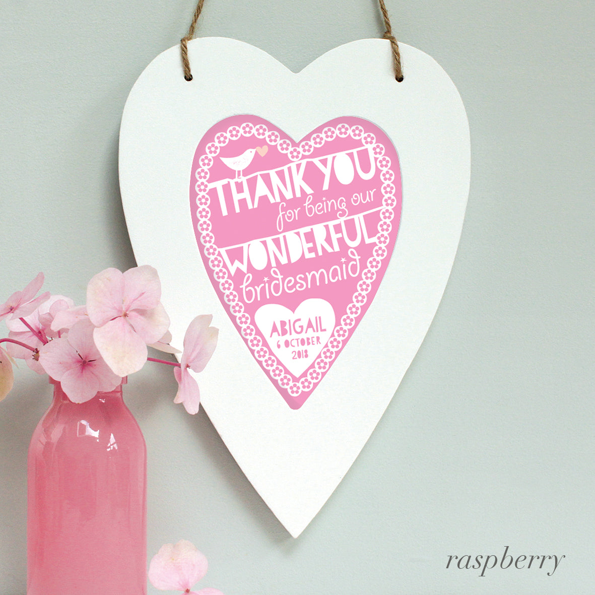 personalised raspberry flower girl print, white heart