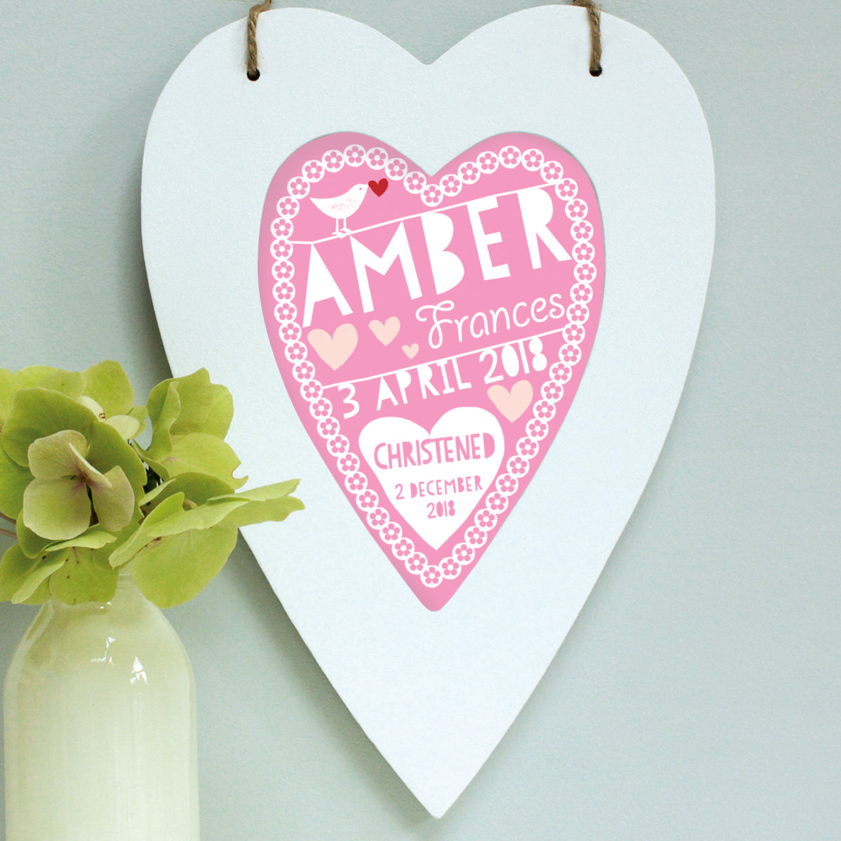 personalised raspberry christening print, white heart frame