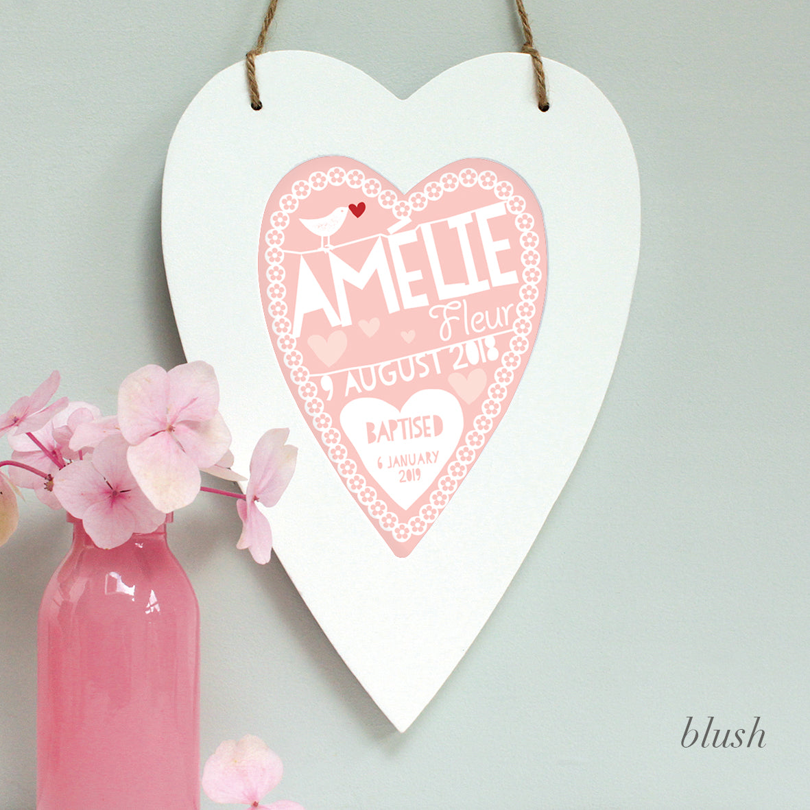 personalised blush christening print, white heart frame