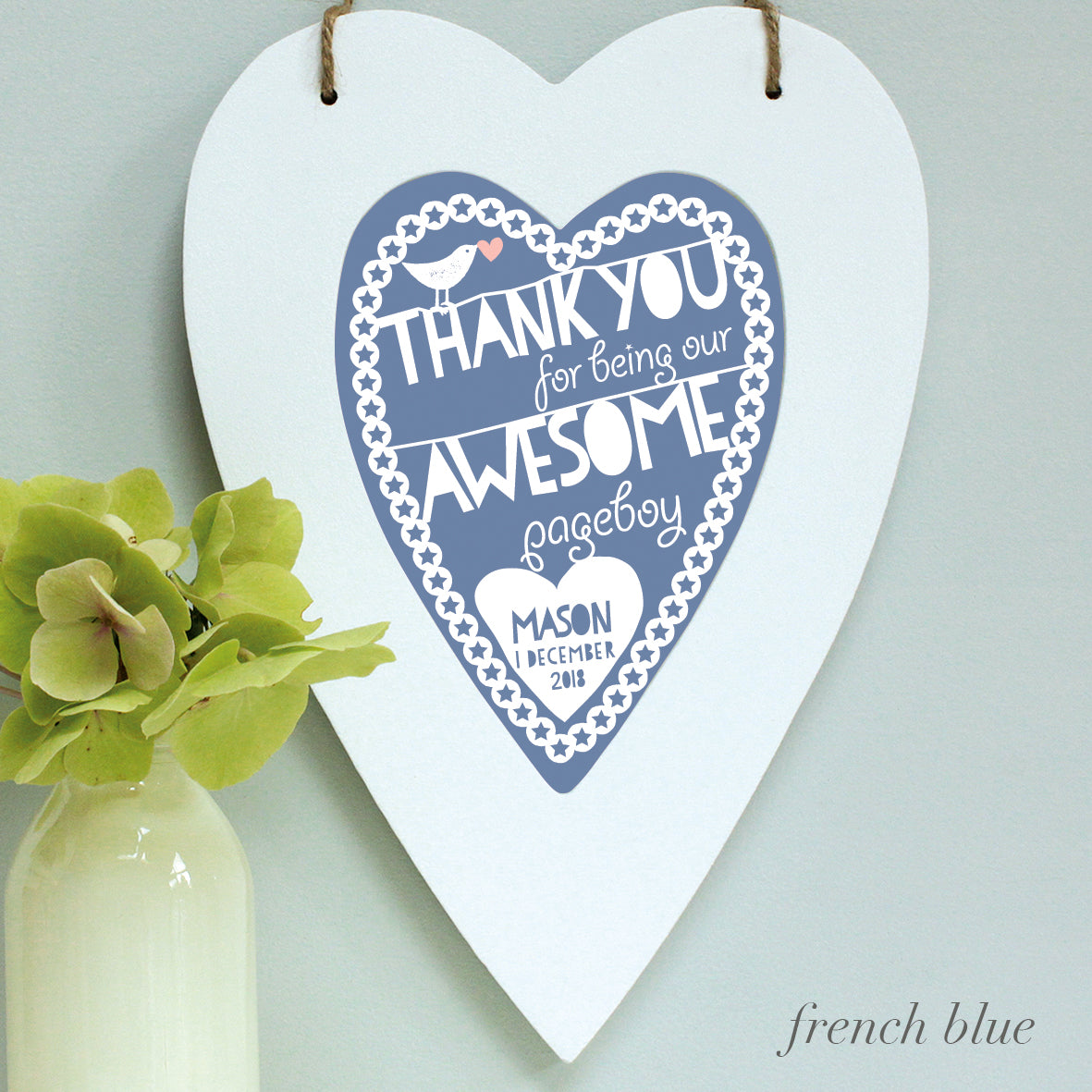 personalised french blue pageboy print, white heart frame