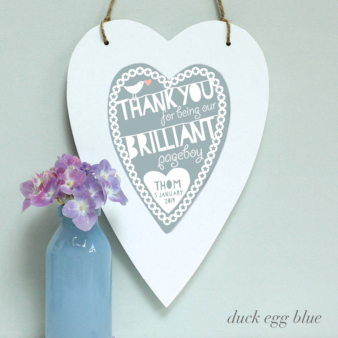 personalised duck egg blue flower girl print, white heart
