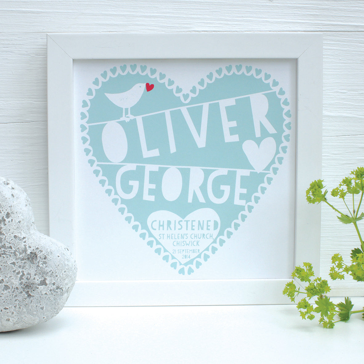 personalised duck egg christening heart print, white frame