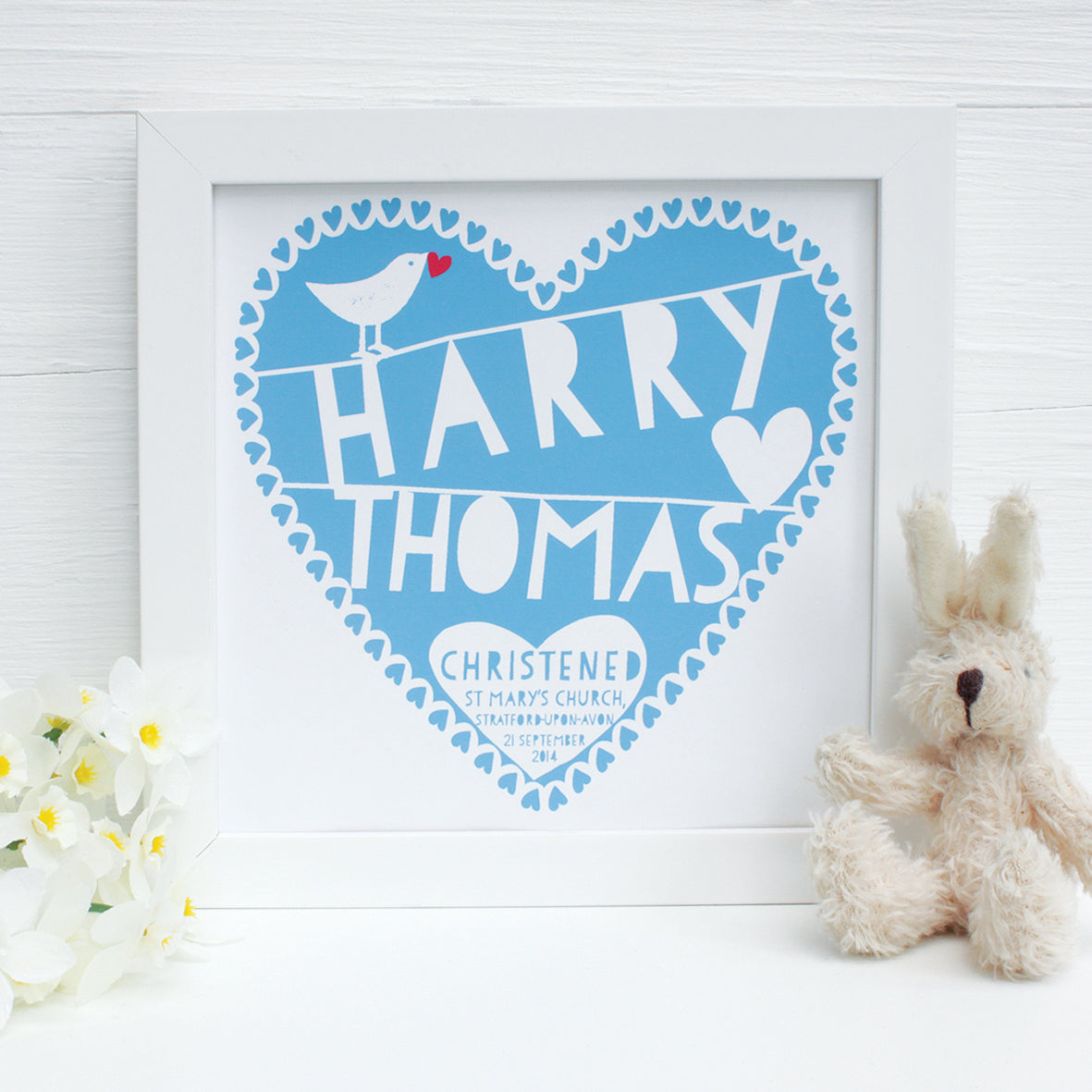personalised turquoise christening heart print, white frame